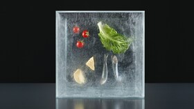 Un cube de glace contenant des aliments frais pour représenter le pilier Froid de Sumblimer les saveurs